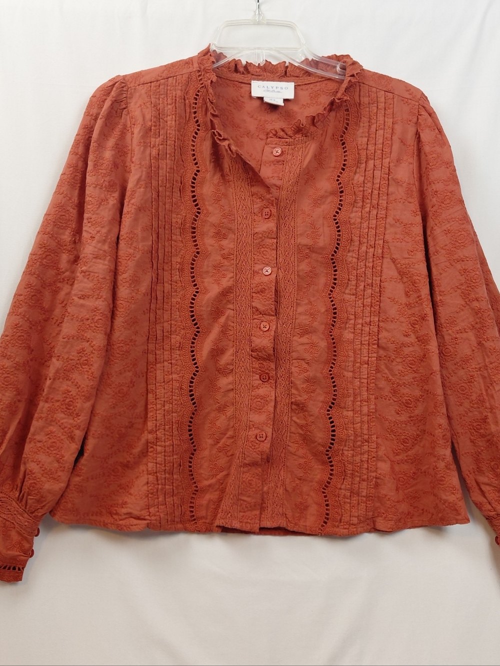 Calypso St Barth Eyelet Blouse Women's Size Medium Terracotta 100% Cotton Ruffle